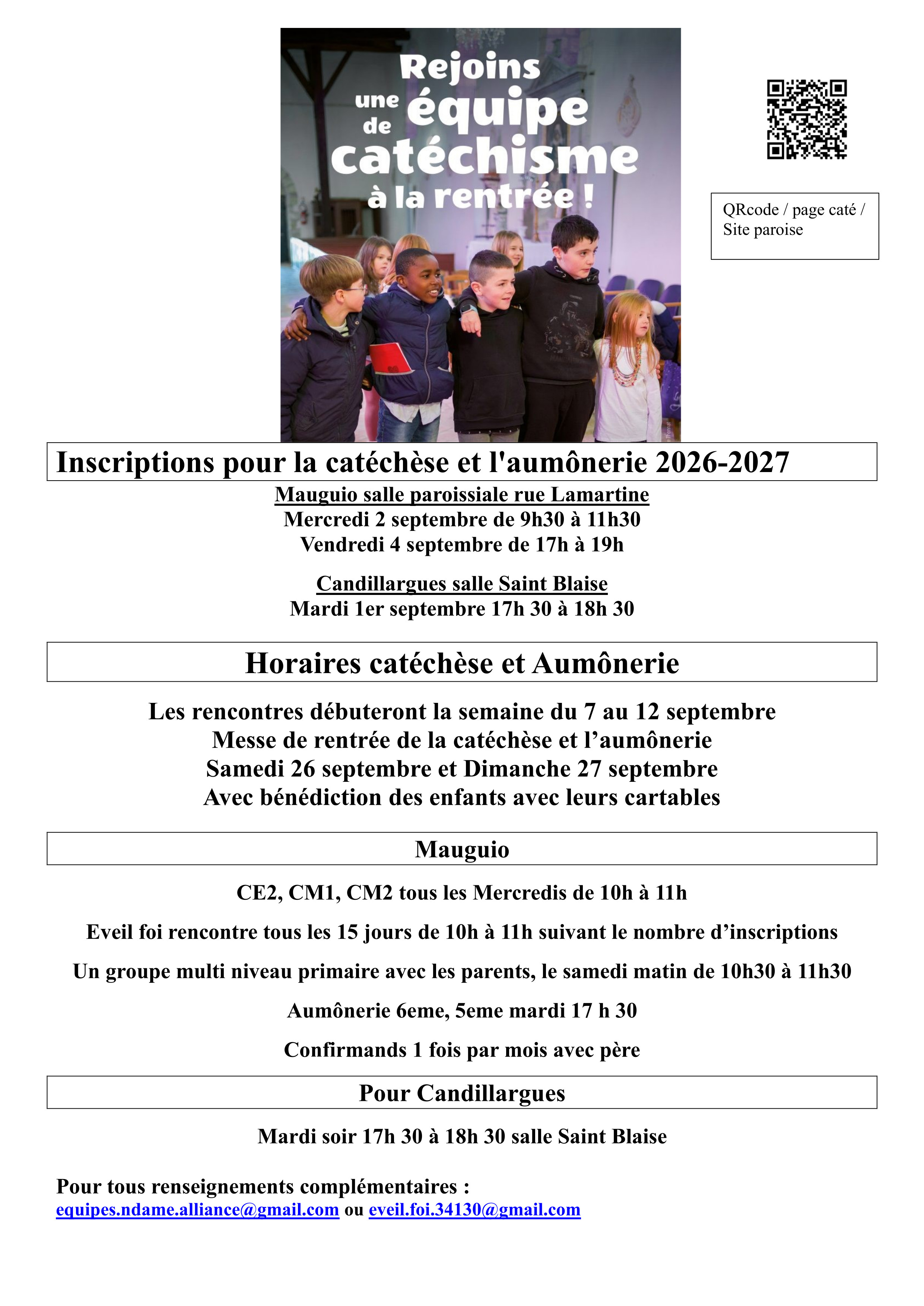 inscriptions Horaire catéchèse2026 27
